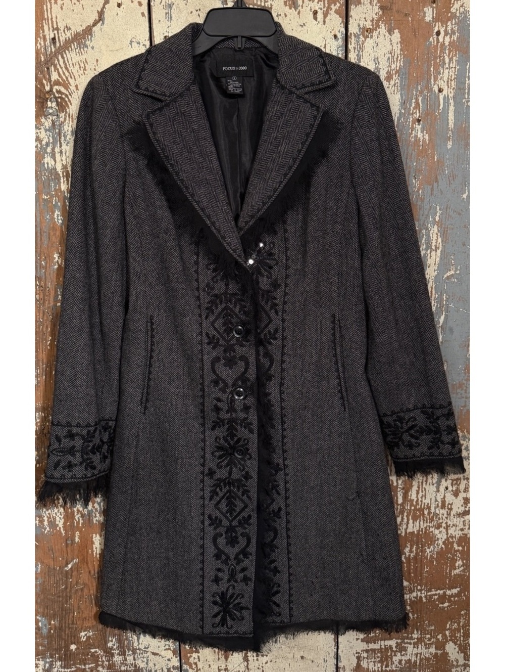 VIntage Focus 2000 Women’s Black & Charcoal Wool-Blend Dress Coat Embroidered 8